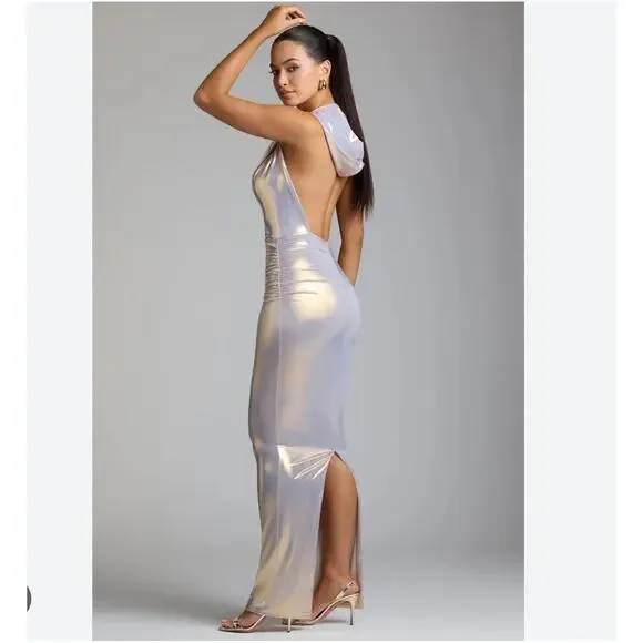NWT Oh Polly Dalilah Metallic Maxi Gown Hooded A Light Gold Women's Size US 10 - Picture 2 of 12